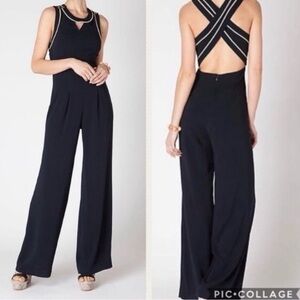 Anthropologie Cartonnier Dark Navy Blue Jumpsuit Open Criss Cross Back Wide Leg